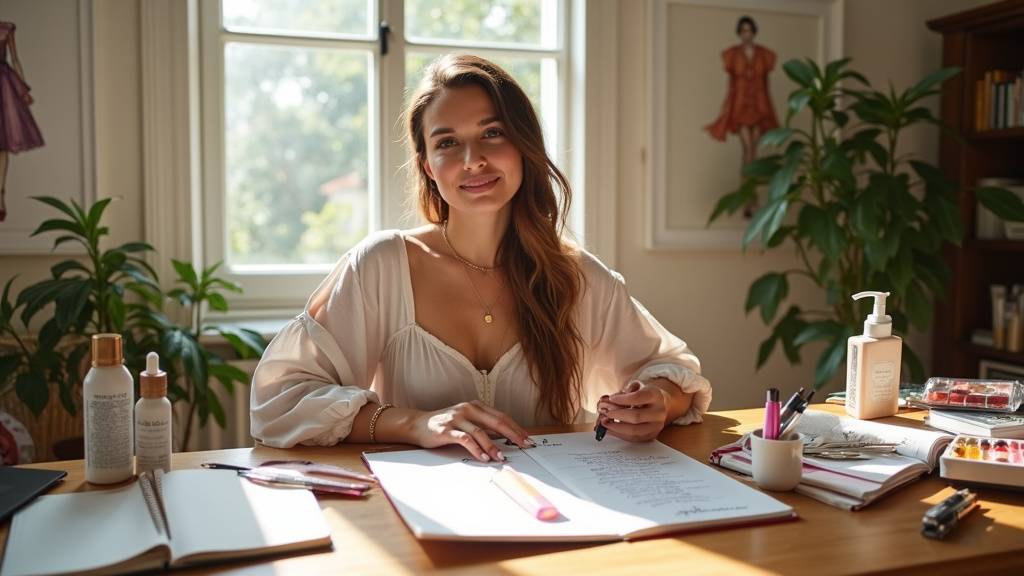 Camille, blogueuse passionnee de mode et de beaute, assise a un bureau avec des magazines et un ordinateur portable
