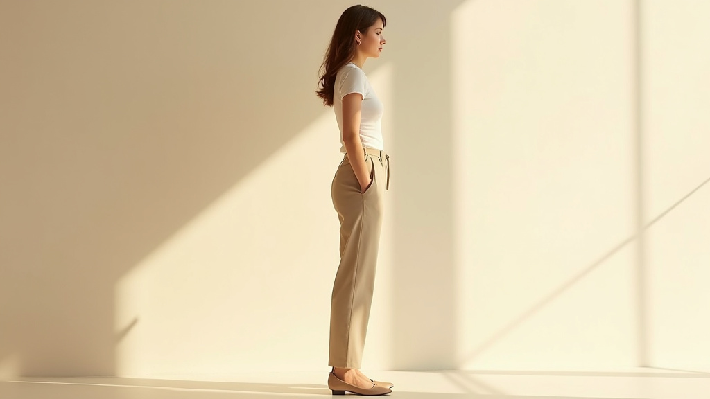 Femme portant un pantalon flare denim foncé avec des talons, illustrant l'effet d'allongement visuel
