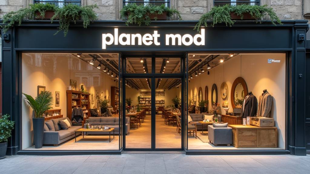 Intérieur du magasin Planet Mod avec exposition de vêtements et objets de décoration