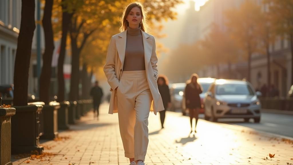 Femme élégante dans une tenue décontractée chic avec tailleur-pantalon fluide, t-shirt blanc et baskets de créateur