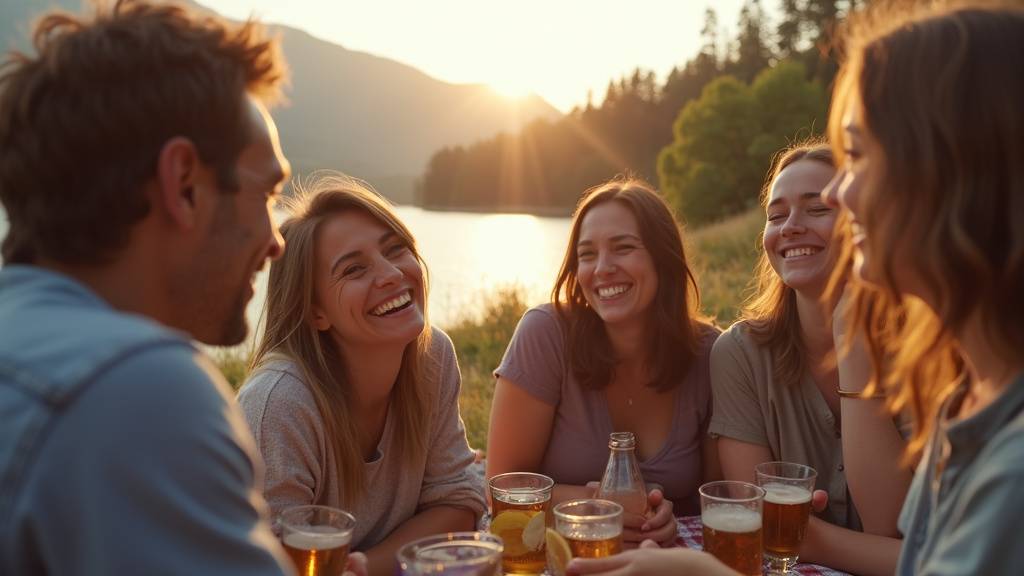 Groupe d'amis riant ensemble lors d'une sortie en forêt organisée via TMS